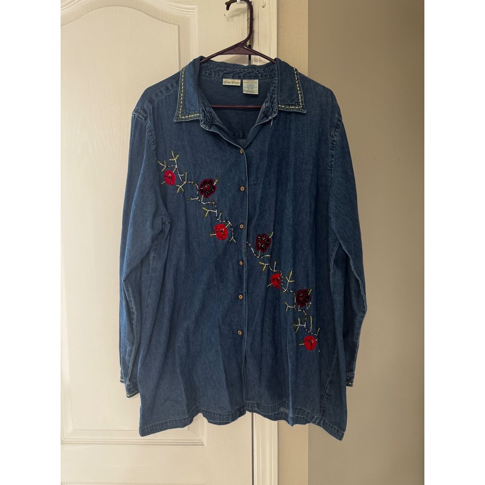 Vtg Bobbie Brooks Cottagecore Denim Embroidered Beaded Floral Button Up Shirt XL